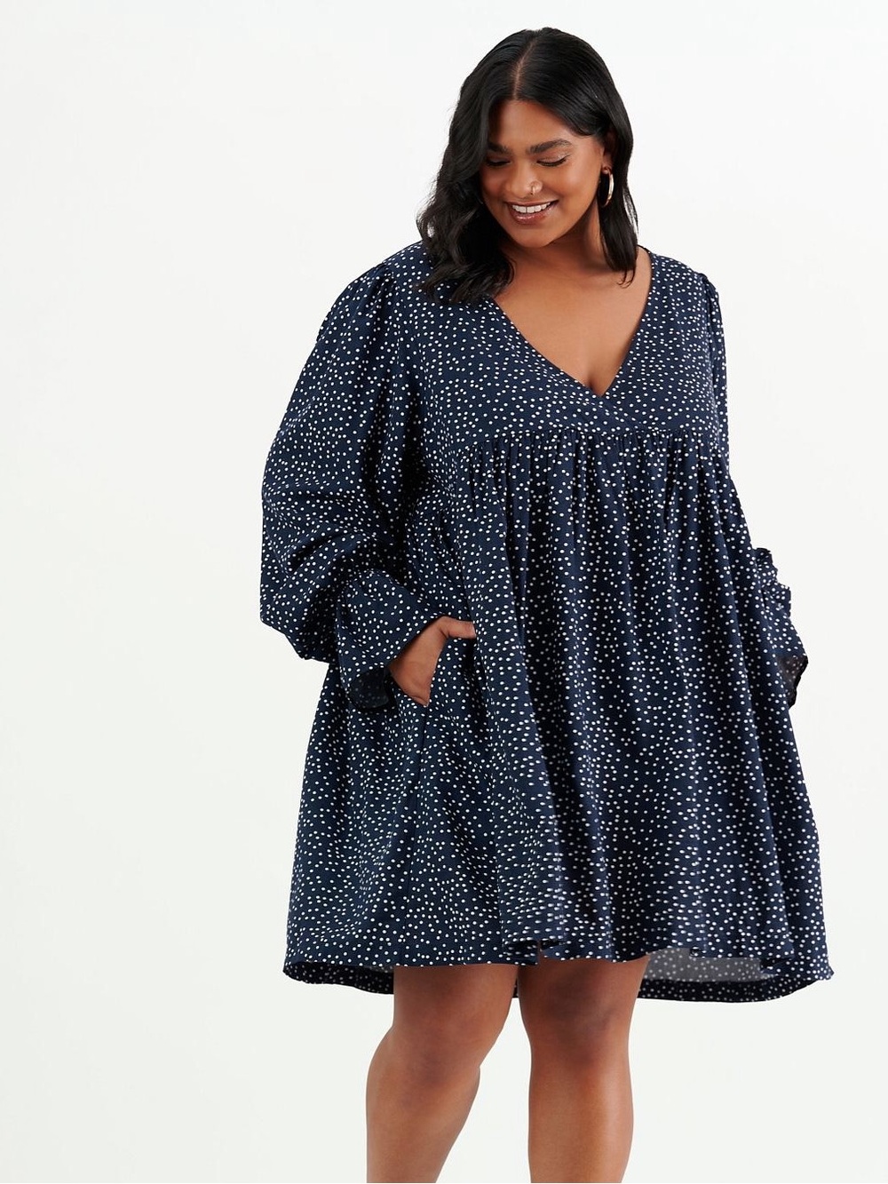 Emma Knudsen Lola Navy Blue Polka Dot V Neck Oversized Swing Tunic Dress Canada